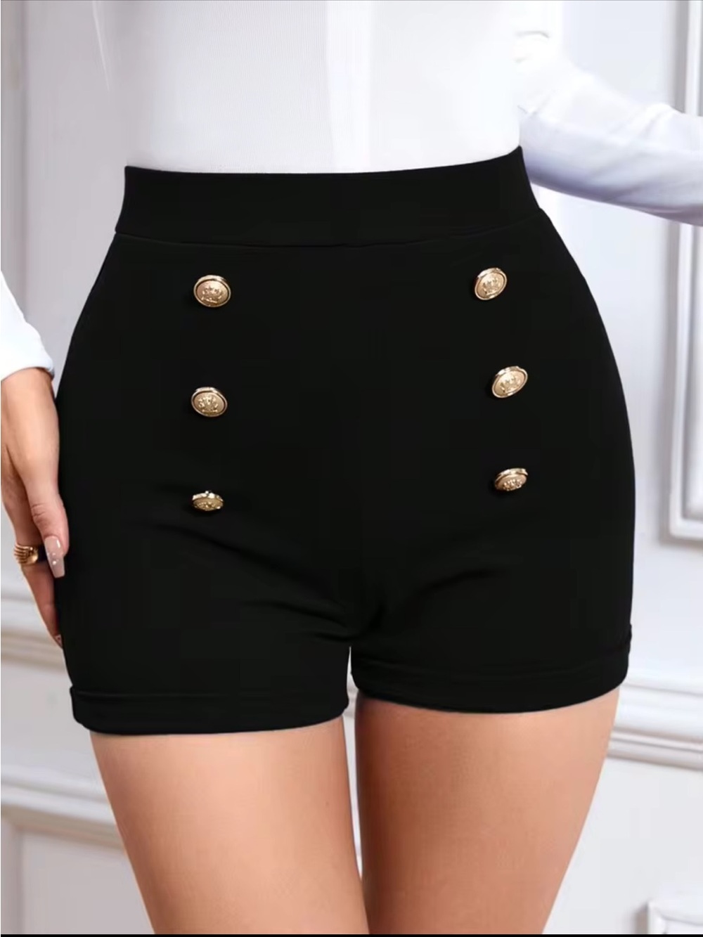 High-Waist Black ,Gold Button Detail Women's Shorts